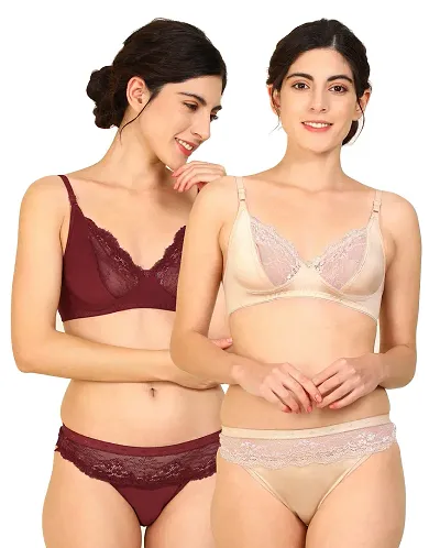 Fashion Comfortz Women Net Bra Panty Set for Lingerie Set ( Pack of 2 ) ( Color : Maroon,Brown ) ( Pattern : Floral Print ) ( Size : 32 ) ( SKU : Set Cate_Maroon,Brown )