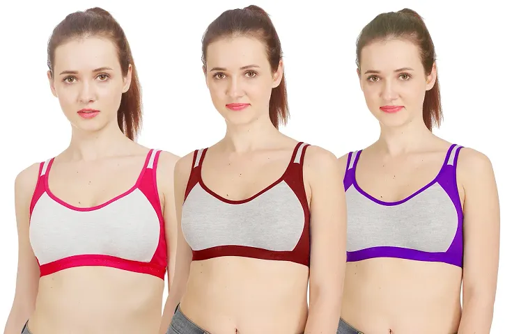 Women Non Padded Non-Wired Gym Sports Bra (Pack of 3) (Pink,Maroon,Purple)