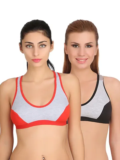 Multicolored Solid Cotton Non Padded Sports Bra Combo for Women