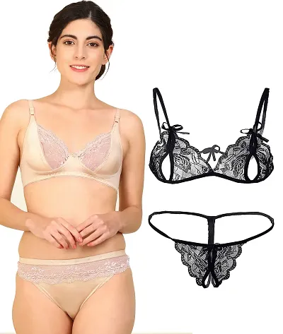 Arousy-Net Bra Panty Set Lingerie Set Full Coverage Non-Padded Non-Wired Honeymoon Set(Pack of 2)(Color -Gold,Black) Model No:104