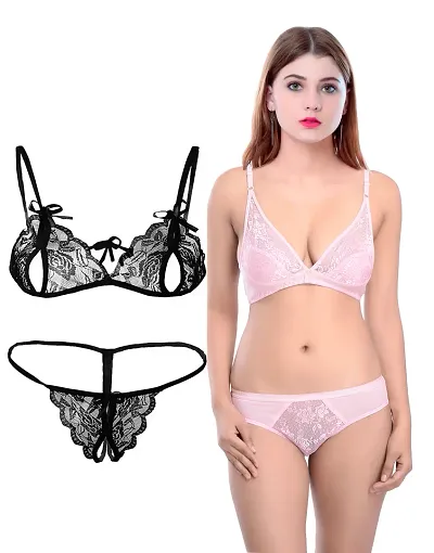 Arousy-Net Bra Panty Set Lingerie Set Full Coverage Non-Padded Non-Wired Honeymoon Set(Pack of 2)(Color -Pink,Black) Model No:145