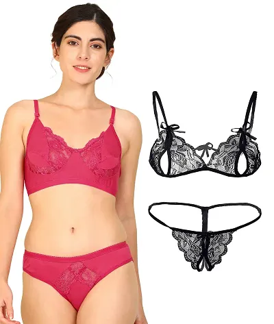 Arousy-Net Bra Panty Set Lingerie Set Full Coverage Non-Padded Non-Wired Honeymoon Set(Pack of 2)(Color -Pink,Black) Model No:123