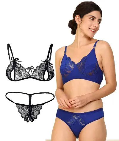 Arousy-Net Bra Panty Set Lingerie Set Full Coverage Non-Padded Non-Wired Honeymoon Set(Pack of 2)(Color -Blue,Black) Model No:124