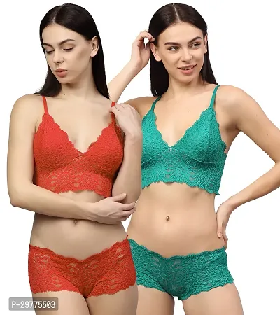 Women Net Bra Panty Set for Lingerie Set ( Pack of 2 ) ( Color : Red,Green )-thumb0