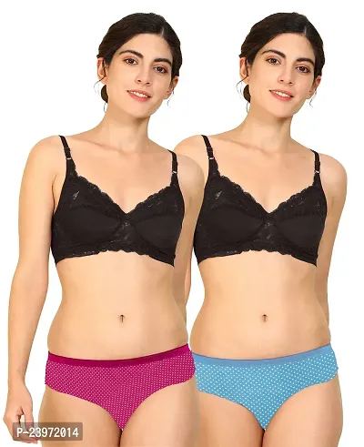 Elegant Cotton Self Pattern Bras And Panty Set For Women- Pack Of 2