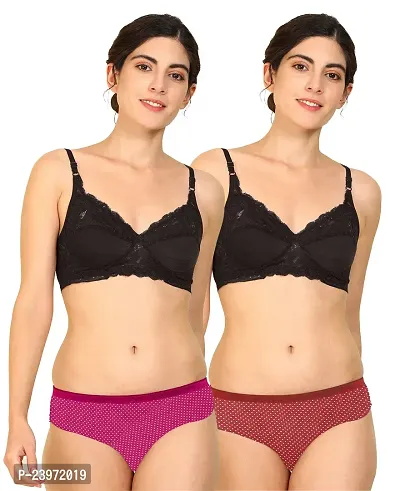 Elegant Cotton Self Pattern Bras And Panty Set For Women- Pack Of 2-thumb0