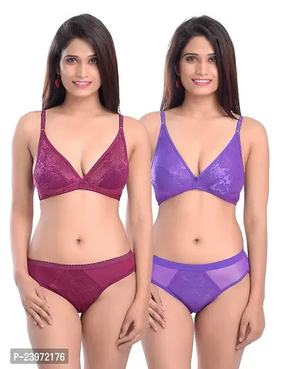 Elegant Cotton Self Pattern Bras And Panty Set For Women- Pack Of 2-thumb0