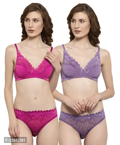 Elegant Net Self Pattern Bras And Panty Set For Women- Pack Of 2-thumb0