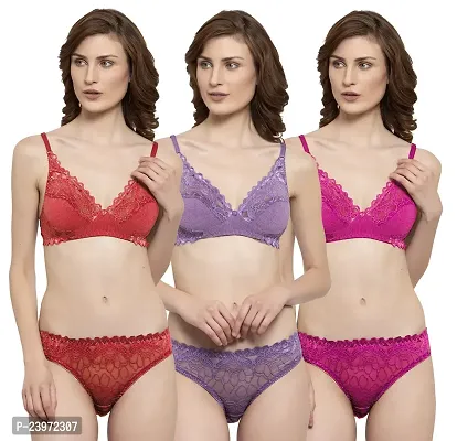 Elegant Net Self Pattern Bras And Panty Set For Women- Pack Of 3