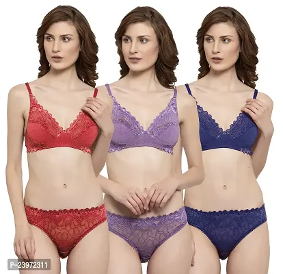 Elegant Net Self Pattern Bras And Panty Set For Women- Pack Of 3