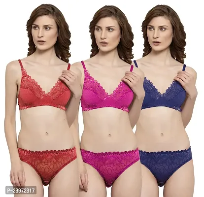 Elegant Net Self Pattern Bras And Panty Set For Women- Pack Of 3