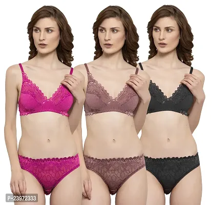 Elegant Net Self Pattern Bras And Panty Set For Women- Pack Of 3