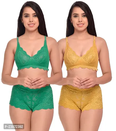 Elegant Net Self Pattern Bras And Panty Set For Women- Pack Of 2