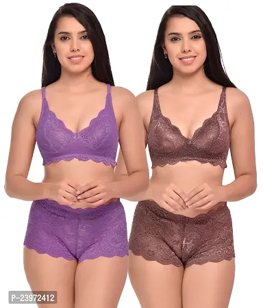 Elegant Net Self Pattern Bras And Panty Set For Women- Pack Of 2-thumb0