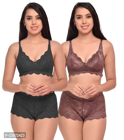Elegant Net Self Pattern Bras And Panty Set For Women- Pack Of 2-thumb0