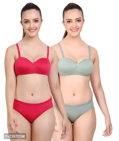 Elegant Cotton Self Pattern Bras And Panty Set For Women- Pack Of 2-thumb0