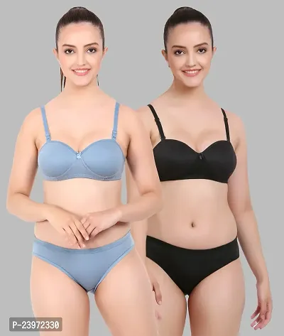 Elegant Cotton Self Pattern Bras And Panty Set For Women- Pack Of 2-thumb0