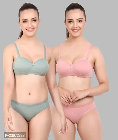 Elegant Cotton Self Pattern Bras And Panty Set For Women- Pack Of 2
