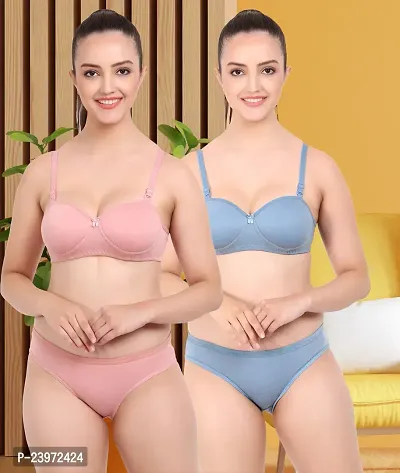 Elegant Cotton Self Pattern Bras And Panty Set For Women- Pack Of 2