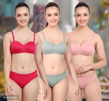 Elegant Cotton Self Pattern Bras And Panty Set For Women- Pack Of 3-thumb0