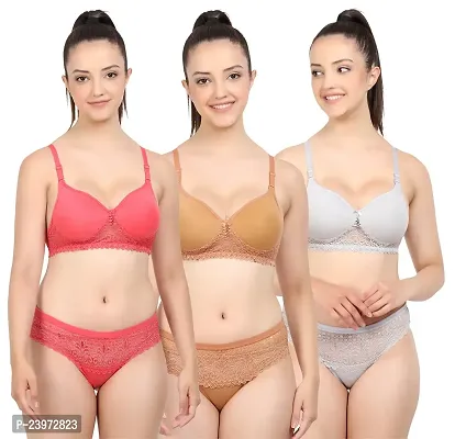 Elegant Cotton Self Pattern Bras And Panty Set For Women- Pack Of 3