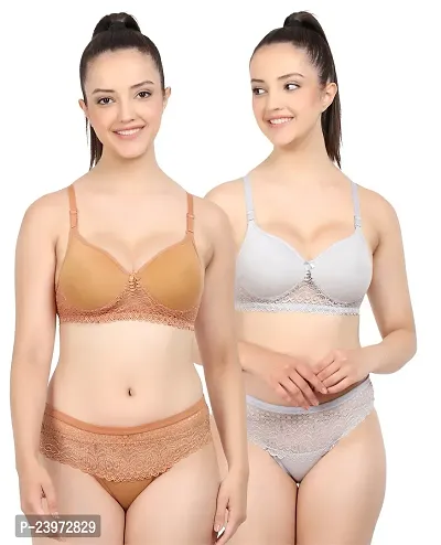 Elegant Cotton Self Pattern Bras And Panty Set For Women- Pack Of 2-thumb0