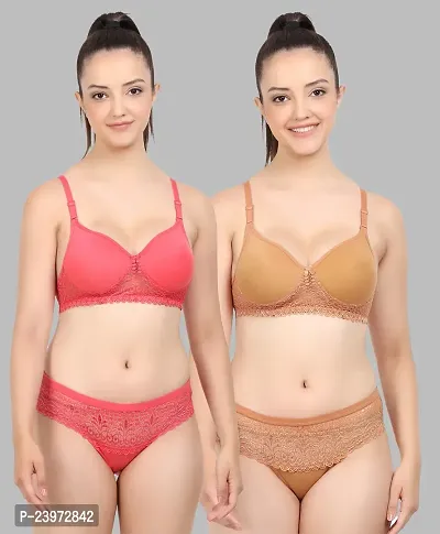 Elegant Cotton Self Pattern Bras And Panty Set For Women- Pack Of 2