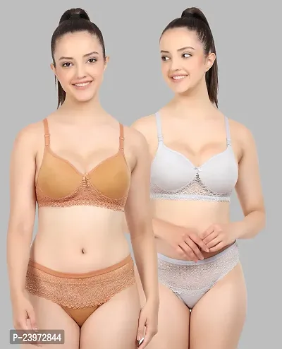 Elegant Cotton Self Pattern Bras And Panty Set For Women- Pack Of 2