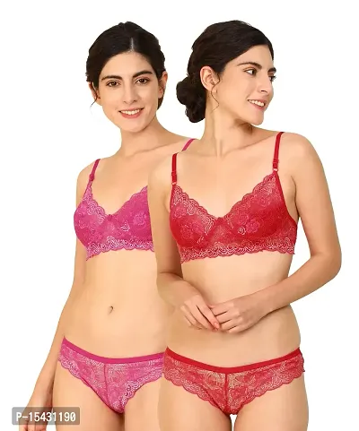 Buy online Red Net Bra And Panty Set from lingerie for Women by