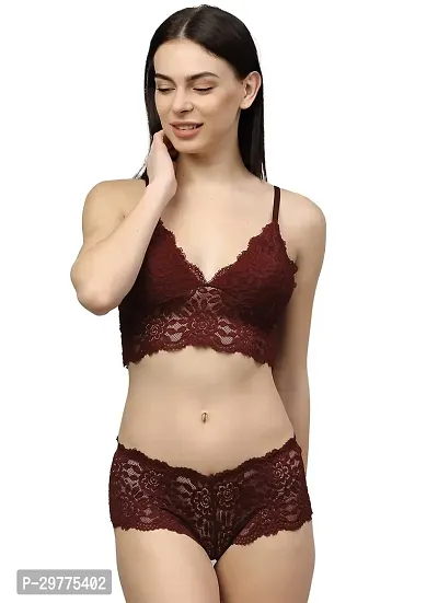 Women Net Bra Panty Set for Lingerie Set ( Pack of 1 ) ( Color : Maroon )-thumb0