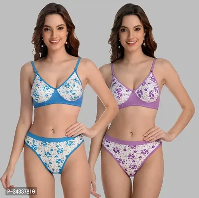 Women Printed Net Bra Panty Set Pack of 2-thumb0