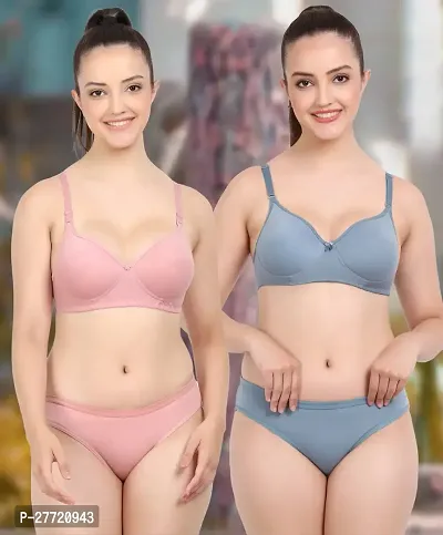 Women Cotton Bra Panty Set for Lingerie Set Pack of 2  Color : Pink,Blue-thumb0