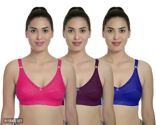 Women?s Cotton Lycra Blend Bra, Regular Everyday Bra|Full Coverage Bra|Soft and fine Quality Fabric with Solid Work R Cup Bra_Pink::Maroon::Blue_32