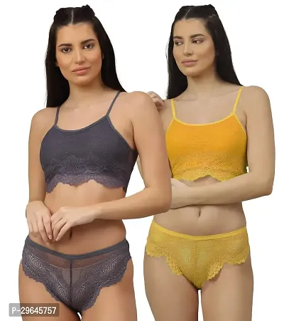 Women Net Bra Panty Set for Lingerie Set ( Pack of 2 ) ( Color : Grey,Yellow )-thumb0