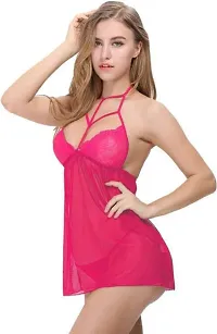 Women's Polyamide Spandex  Lace Plain Above Knee Baby Doll Lingerie Pink-thumb2