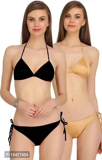 Samvar-Women's Satin Bikini Bra Panty Set for Women Lingerie Set Sexy Honeymoon Undergarments (Color : Multi)(Pack of 1,2,3,4)