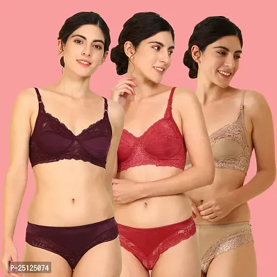 Stylish Cotton Bra And Panty Set For Women Pack Of 3-thumb0