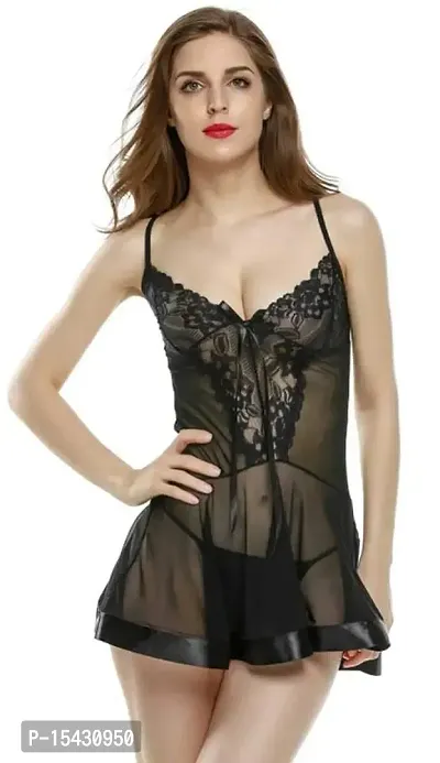 Women's Polyamide Spandex  Lace Plain Above Knee Baby Doll Lingerie