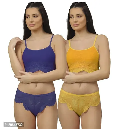 Women Net Bra Panty Set for Lingerie Set ( Pack of 2 ) ( Color : Blue,Yellow )-thumb0