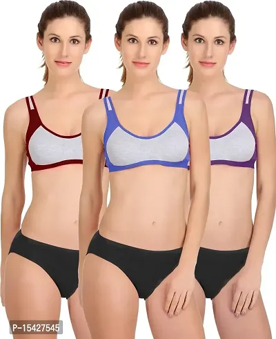 Buy Samvar-Women's Cotton Gym Sports Bra Panty Set for Women Lingerie Set  Sexy Honeymoon Undergarments (Color : Multi)(Pack of 3) Online In India At Discounted  Prices