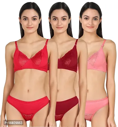 Stylish Fancy Cotton Bra  Panty Set For Women Pack Of 3