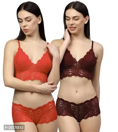 Women Net Bra Panty Set for Lingerie Set ( Pack of 2 ) ( Color : Red,Maroon )-thumb0