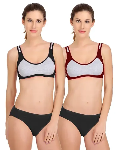Samvar-Women's Cotton Gym Sports Bra Panty Set for Women Lingerie Set Sexy Honeymoon Undergarments (Color : Multi)(Pack of 2)