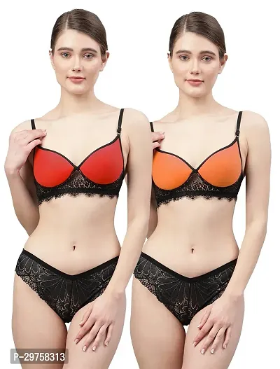 Women Net Bra Panty Set for Lingerie Set ( Pack of 2 ) ( Color : Red,Orange )-thumb0