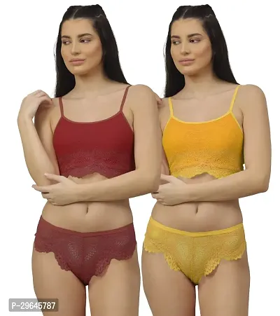 Women Net Bra Panty Set for Lingerie Set ( Pack of 2 ) ( Color : Maroon,Yellow )-thumb0