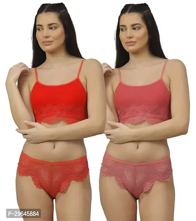 Women Net Bra Panty Set for Lingerie Set ( Pack of 2 ) ( Color : Red,Pink )-thumb0