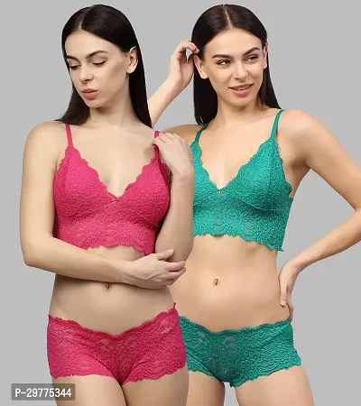 Women Net Bra Panty Set for Lingerie Set ( Pack of 2 ) ( Color : Pink,Green )-thumb0