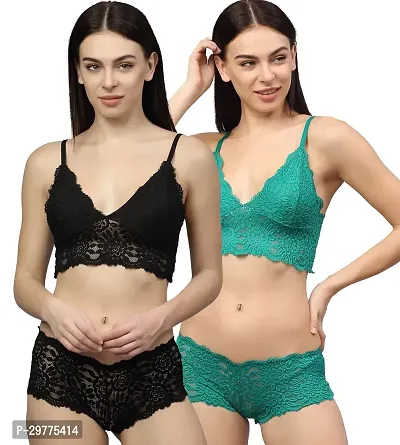 Women Net Bra Panty Set for Lingerie Set ( Pack of 2 ) ( Color : Black,Green )-thumb0