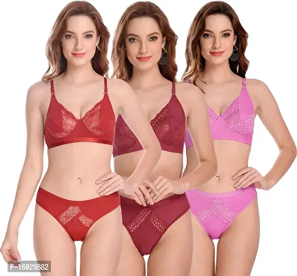 Stylish Fancy Cotton Bra  Panty Set For Women Pack Of 3