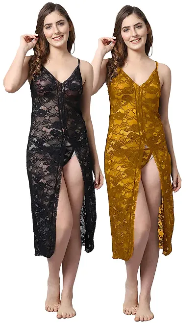 Pack Of 2 Stylish Net Baby Doll Long Sexy Night Dress For Women